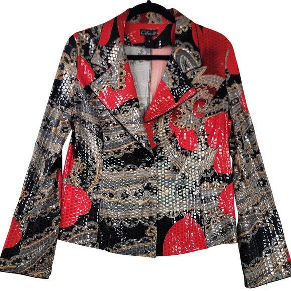Clara S Red Black Paisley Floral Blazer Jacket Size M Metallic Sheen Artsy - Picture 1 of 10